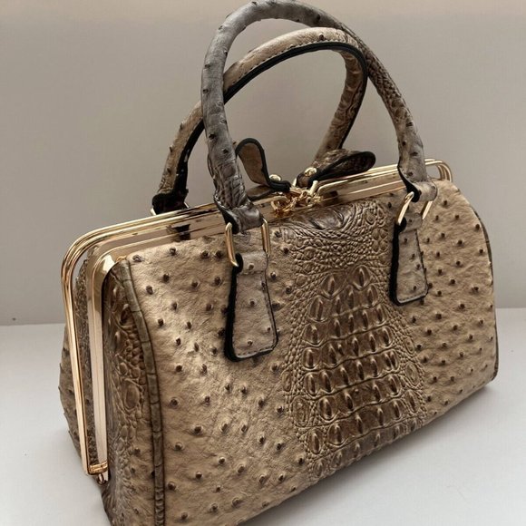 Women's Tan Alligator Skin Leather Top Handle Handbag Purse with Removable Strap - Picture 7 of 15